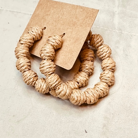 Bohemian Hoop Raffia Ratten Tan Earrings Post - Picture 7 of 8